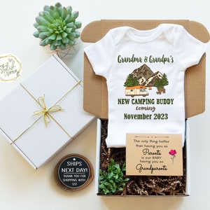Grandma Grandpa New Camping Buddy Pregnancy Announcement Onesie® GiftBox a Baby Reveal for Adventurous Nature Lover Parents Grandparents