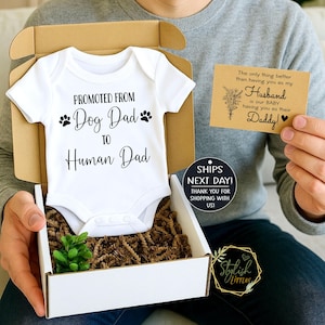 Promoted Dog Dad to Human Dad Pregnancy Announcement Baby Onesie® for Husband Hubby New Dad Father a memorable Baby Reveal Onesie® Gift Box