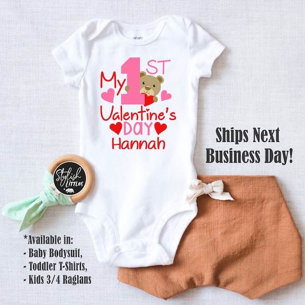 Personalized Name 1st Valentine's Day Baby Girl Onesies®, First Valentines Bears Unisex Onesie®, Custom Name Pink Red Hearts Baby Onesie®