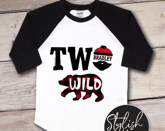 TWO 2 Wild Bear Personalized Kids Raglan, Funny Birthday Shirt, Custom Name Lumberjack, Plaid Bear Baby Onesie®, Boy Birthday Shirt Outfit