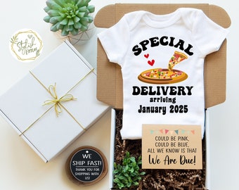 Fun Pizza Lover Pregnancy Announcement Onesie® Gift Box a Special Delivery Baby Reveal for Parents Grandparents Family with Custom Due Date