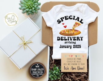 Fun Pizza Lover Pregnancy Announcement Onesie® Gift Box a Special Delivery Baby Reveal for Parents Grandparents Family with Custom Due Date