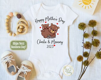 Personalized Happy Mother's Day Baby Bear Onesie® Shirt a Cute 1st Mother's Day Custom Name Animal Fox Dinosaur Elephant Koala Baby Onesies®