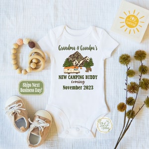 Pregnancy Announcement Grandparent Onesie® a cute baby reveal to Grandma and Grandpa, New Grandparents, Camping Buddy Baby Announcement
