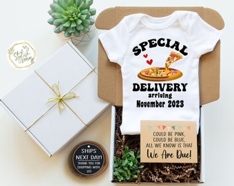 Fun Pregnancy Announcement Onesie® Gift Box a Special Delivery Pizza Baby Reveal for Parents Grandparents Family with Personalize Due Date