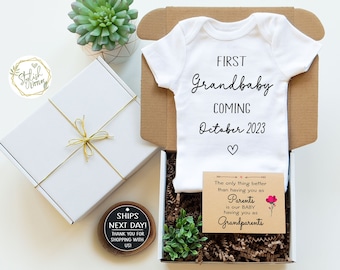 First Grandbaby Baby Announcement Onesie® Bodysuit GIFT BOX a Personalize Pregnancy Reveal gift for Parents New Grandparents Grandma Grandpa