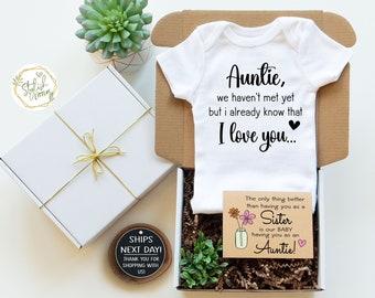 Auntie I Love You GIFT BOX Baby Announcement Onesie® Bodysuit a Personalize Pregnancy Reveal keepsake gift for a Sister New Auntie Aunt Tia