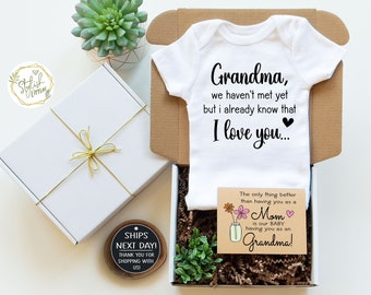 Grandma I Love You GIFT BOX Baby Announcement Onesie® Bodysuit a Personalize Pregnancy Reveal keepsake gift for Mom Parents New Grandma Nana