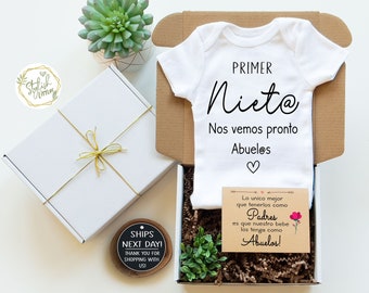 Spanish Pregnancy Announcement Gender Neutral Baby Reveal Onesie® Abuela Abuelo in Gift Box Primer Nieto Anuncio de Embarazo para Abuelitos