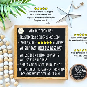 May include: A black chalkboard sign with white text that reads "Why Buy From Us?" and lists reasons to buy from the seller, including "Trusted Etsy Seller Since 2014!" and "Over 5,600 5-star reviews!" The sign is surrounded by white and brown wooden beads and a white star.