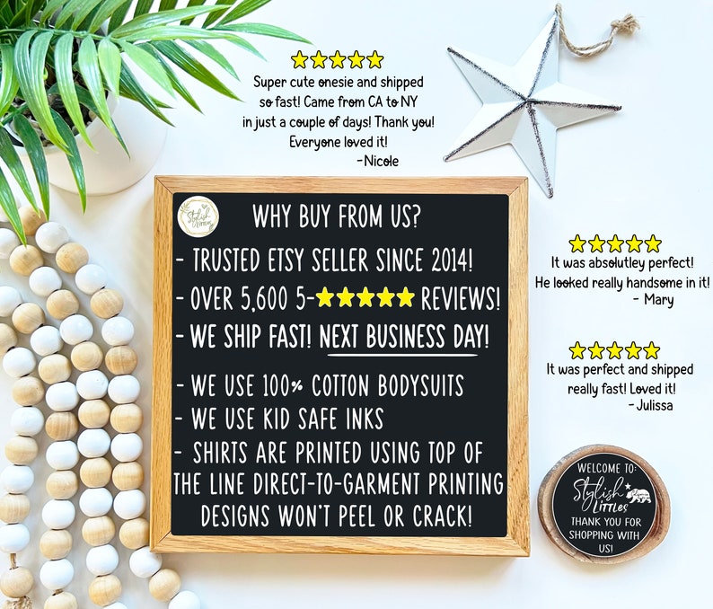 May include: A black chalkboard sign with white text that reads "Why Buy From Us?" and lists reasons to buy from the seller, including "Trusted Etsy Seller Since 2014!" and "Over 5,600 5-star reviews!" The sign is surrounded by white and brown wooden beads and a white star.