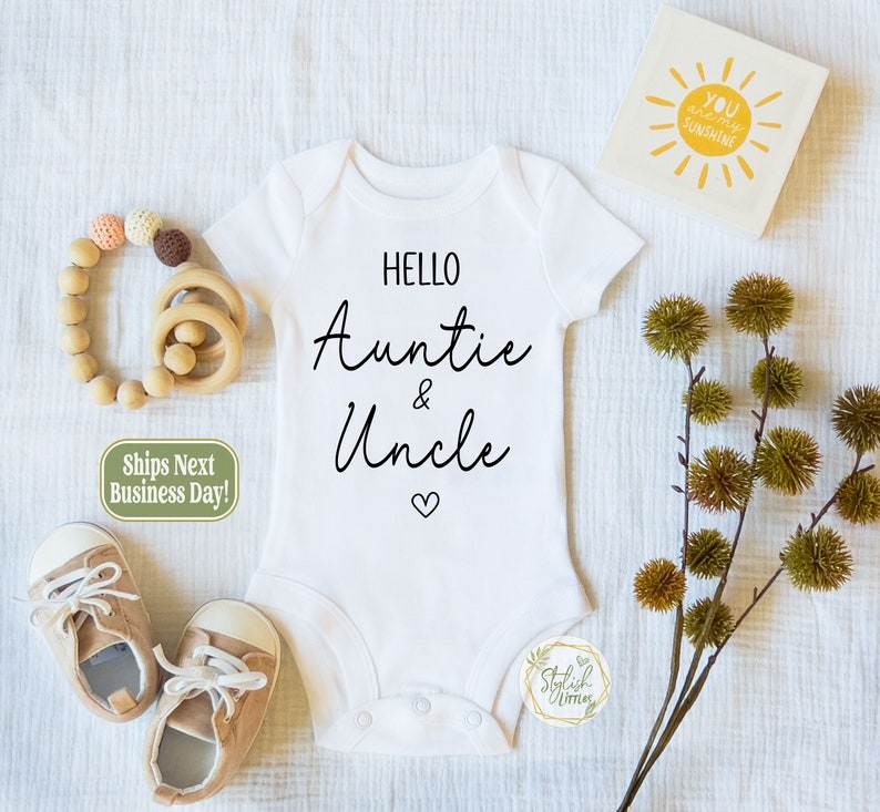 Pregnancy Announcement Baby Onesie® for Sister Brother Auntie Uncle a Boho Baby Reveal Keepsake Onesie® simple modern design in a Gift Box