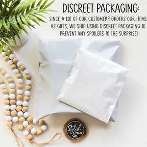 May include: Two white padded envelopes with the text "DISCREET PACKAGING: SINCE A LOT OF OUR CUSTOMERS ORDERS OUR ITEMS AS GIFTS, WE SHIP USING DISCREET PACKAGING TO PREVENT ANY SPOILERS TO THE SURPRISE!" on a white background. A small round wooden sign with the text "Stylish Littles" is in the bottom right corner.