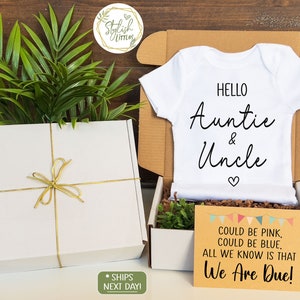 Pregnancy Announcement Baby Onesie® for Sister Brother Auntie Uncle a Boho Baby Reveal Keepsake Onesie® simple modern design in a Gift Box image 6