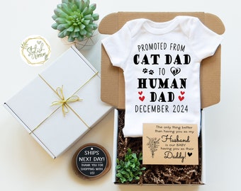 Fun Cat Dad Pregnancy Announcement Onesie® Gift Box a memorable Cat Kitten Baby Reveal for Husband New Dad Daddy Father with Custom Due Date