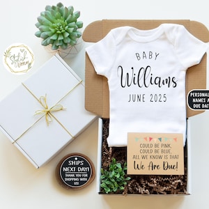Custom Pregnancy Announcement Onesie® Giftbox with Personalized Name and Due Date perfect baby reveal gift for New Grandparents Auntie Uncle