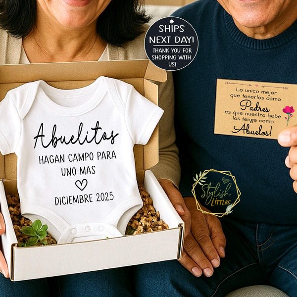 Personalized Spanish Pregnancy Announcement Gift Box Baby Reveal Onesie® for Abuelitos Padres Anuncio de Embarazo para Abuela Abuelo Abuelas