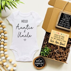 Pregnancy Announcement Baby Onesie® for Sister Brother Auntie Uncle a Boho Baby Reveal Keepsake Onesie® simple modern design in a Gift Box image 5