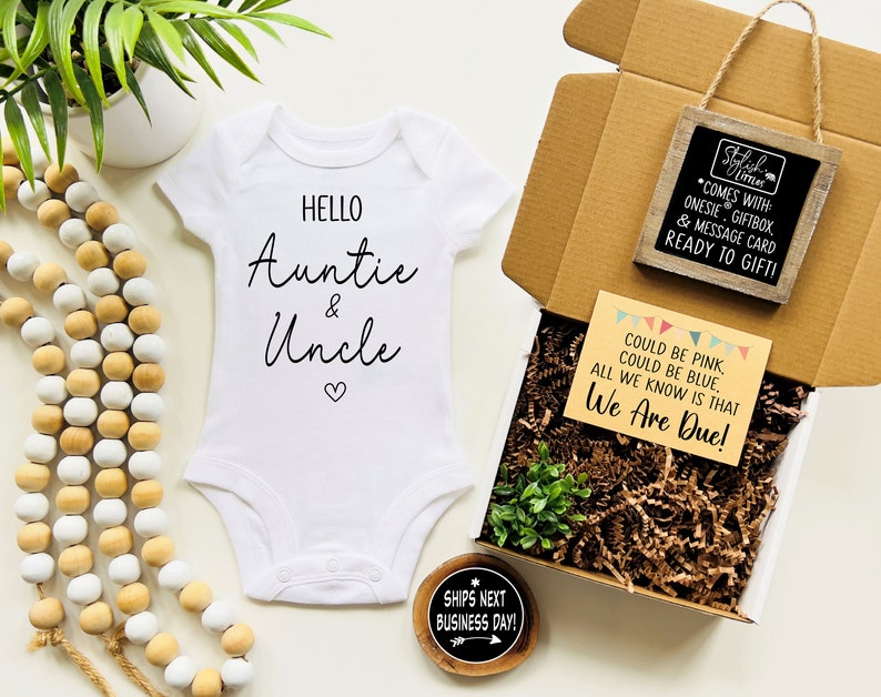 Pregnancy Announcement Baby Onesie® for Sister Brother Auntie Uncle a Boho Baby Reveal Keepsake Onesie® simple modern design in a Gift Box image 5