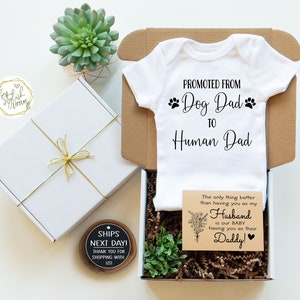 Promoted Dog Dad to Human Dad Pregnancy Announcement Baby Onesie® for Husband Hubby Dad Father a Baby Reveal Keepsake Onesie® in a Gift Box