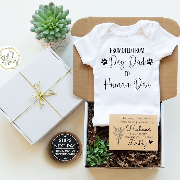 Promoted Dog Dad to Human Dad Pregnancy Announcement Baby Onesie® for Husband Hubby Dad Father a Baby Reveal Keepsake Onesie® in a Gift Box
