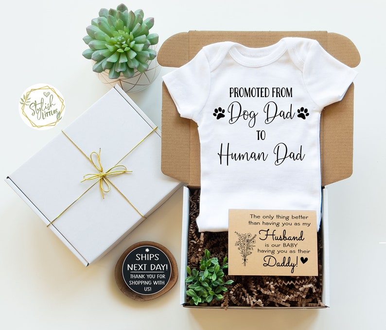 Promoted Dog Dad to Human Dad Pregnancy Announcement Baby Onesie® for Husband Hubby Dad Father a Baby Reveal Keepsake Onesie® in a Gift Box