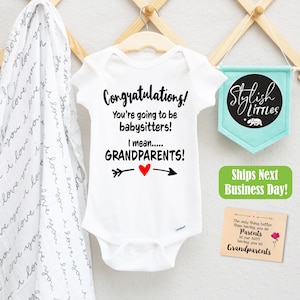 New Grandparents Babysitters Funny Baby Reveal Onesie®, Promoted to Grandma Grandpa Onesie®, Surprise Pregnancy Announcement Baby Onesie®