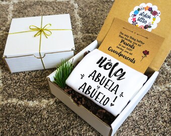 Español Pregnancy Baby Announcement Onesie®, Spanish Bebé Reveal to Grandparents Abuelos, Hola Abuela y Abuelo, anuncio de embarazo Gift Box