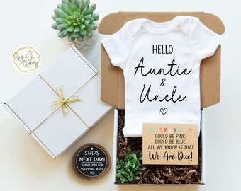 Pregnancy Announcement Baby Onesie® for Sister Brother Auntie Uncle a Boho Baby Reveal Keepsake Onesie® simple modern design in a Gift Box