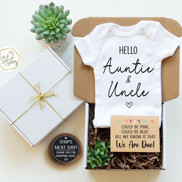 Pregnancy Announcement Baby Onesie® for Sister Brother Auntie Uncle a Boho Baby Reveal Keepsake Onesie® simple modern design in a Gift Box