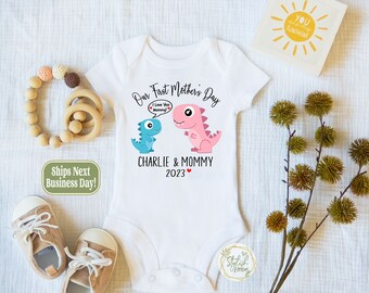 1st Mother's Day Personalized Name Cute Baby Dinosaur Animal Onesie®, First Mother's Day Custom Name Elephant Bear Koala Fox Baby Onesies®