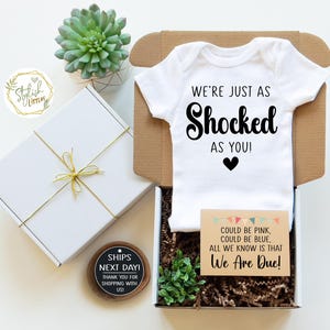 We're Just As Shocked Pregnancy Announcement Bodysuit - White & Natural Colors For Baby Reveal
