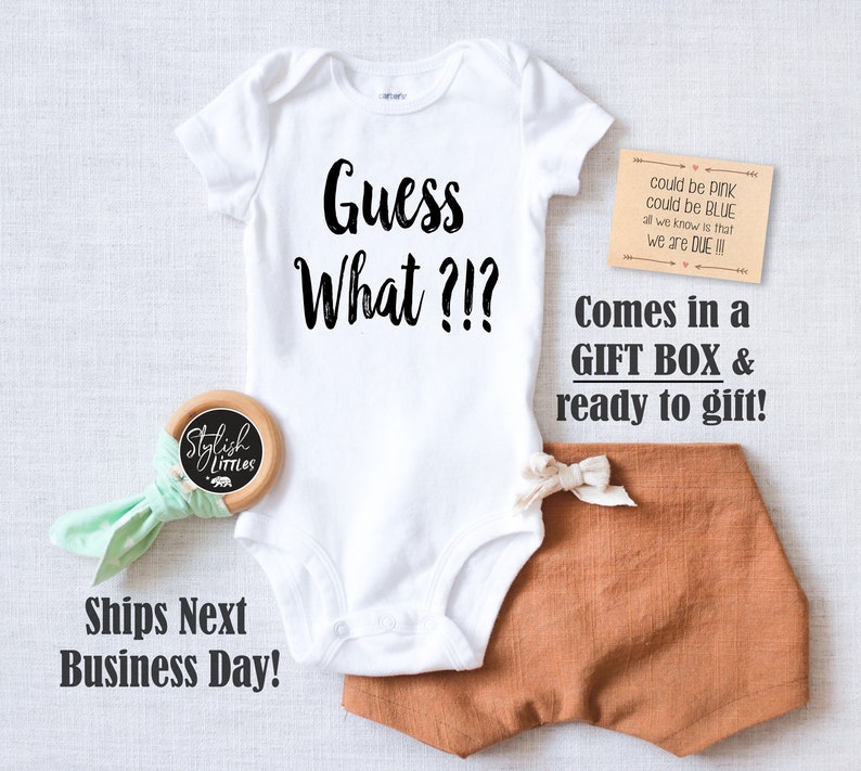 Baby Pregnancy Announcement Onesie® Guess What Baby Reveal Onesie to Family Friends Parents Grandparents Sister in a Gift Box, Cute Onesie image 2