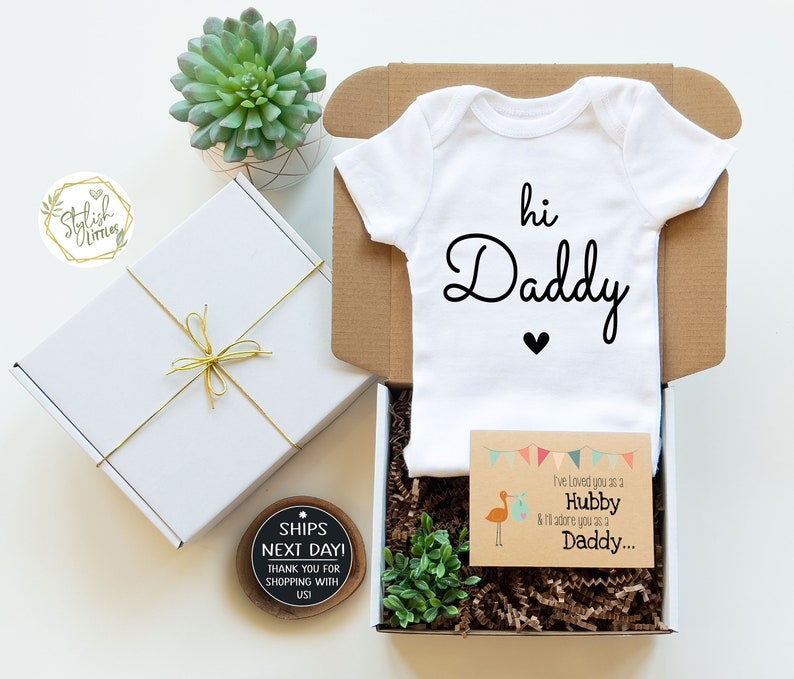 Pregnancy Announcement Baby Onesie® for Husband Hubby Dad Father a Baby Reveal Keepsake Onesie® simple modern Hi Daddy design in a Gift Box.