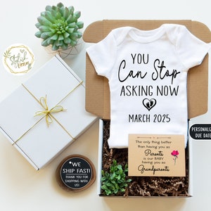Stop Asking Now Funny Baby Announcement Onesie® in GIFT BOX a Personalize Pregnancy Reveal for Parents New Grandparents Auntie Uncle Family