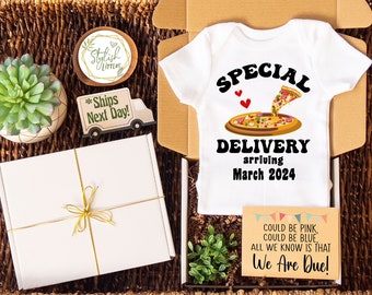 Funny Pizza Pregnancy Announcement Onesie® Gift Box a Special Delivery Baby Reveal for Parents Grandparents Family with Personalize Due Date