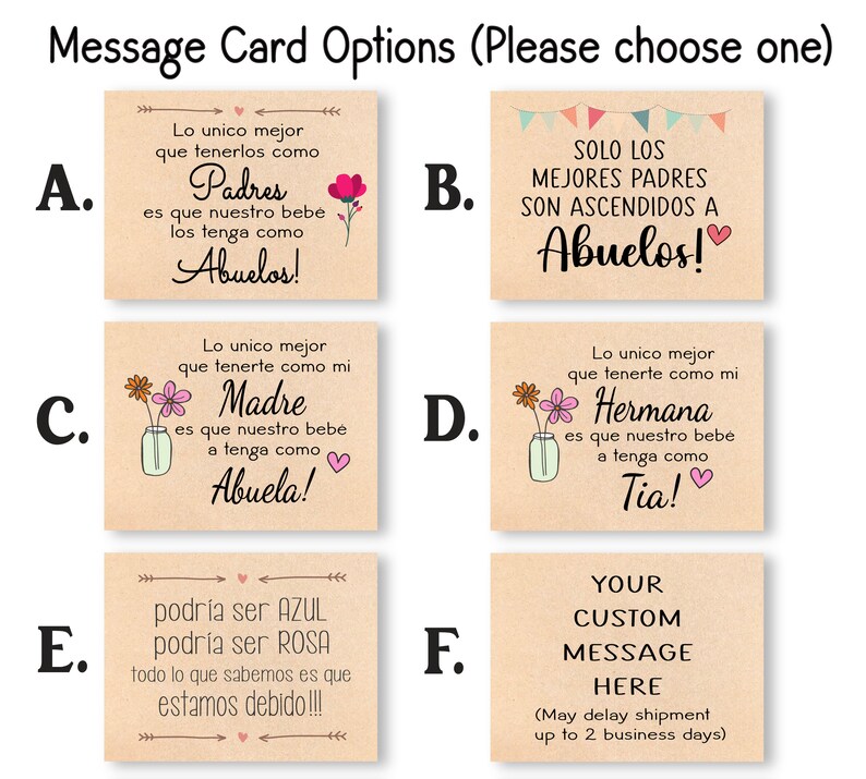 May include: Six different card options for a message card. The cards are all beige with brown borders and feature different messages in Spanish and English. The messages include "Solo los mejores padres son ascendidos a Abuelos!" and "Your custom message here (May delay shipment up to 2 business days)".