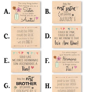 May include: Six different card options for a new aunt or uncle. The cards feature a variety of designs and messages, including "The only thing better than having you as a sister is our baby having you as an auntie!" and "Only the best brother gets promoted to uncle!"