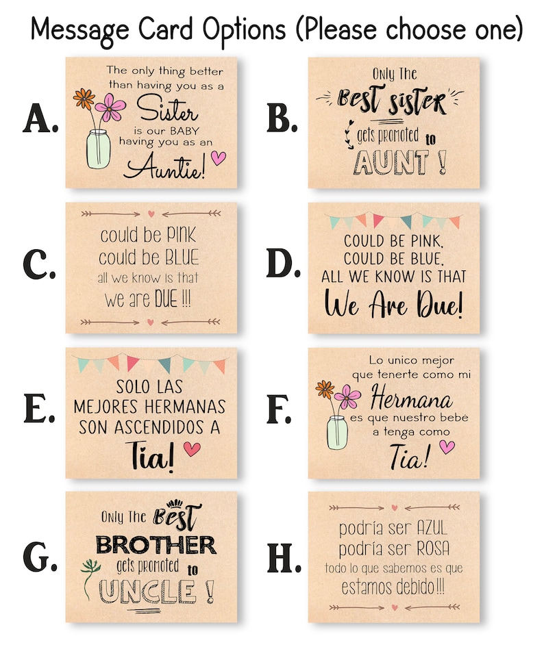 May include: Six different card options for a new aunt or uncle. The cards feature a variety of designs and messages, including "The only thing better than having you as a sister is our baby having you as an auntie!" and "Only the best brother gets promoted to uncle!"