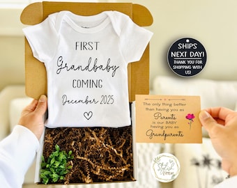 First Grandbaby GIFT BOX Baby Announcement Onesie® Bodysuit a Personalize Pregnancy Reveal gift for Parents New Grandparents Grandma Grandpa