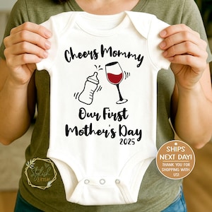 First 1st Mother&#39;s Day Baby Onesies®, Cheers Mommy Baby Onesie®, Milk Bottle and Wine Baby Onesie®, Hipster Baby Kids Shirt, Gift for Mommy