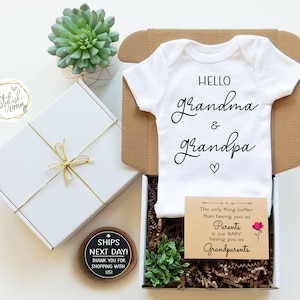 Hello Grandma and Grandpa GIFT BOX Baby Announcement Onesie® Bodysuit a memorable Pregnancy Reveal gift for Parents Grandparents Abuelos