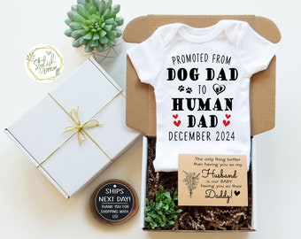 Dog to Human Dad Pregnancy Announcement Onesie® Gift Box a Special Baby Reveal for Husband New Dad Daddy Father with Custom Due Date
