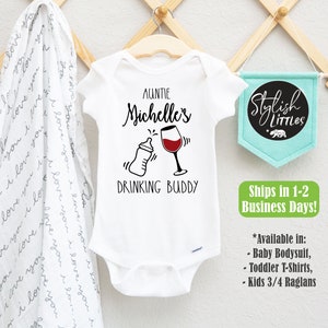 Personalized Auntie&#39;s Drinking Buddy Baby Onesie® - Custom Name Baby Bottle Cheers Onesies® - Gift from New Aunt - Funny Baby Onesies®
