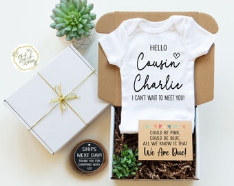 Hello Cousin GIFT BOX Baby Announcement Onesie® Bodysuit a memorable Personalize Name Pregnancy Reveal gift for a Niece Nephew Big Cousin