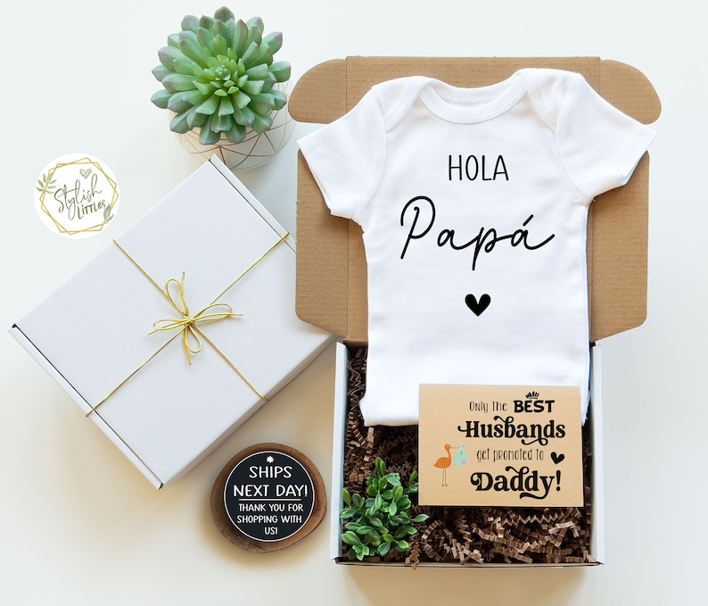Pregnancy Announcement Baby Onesie® for Husband Hubby Dad Father a Baby Reveal Onesie® simple modern Daddy I Love you design in a Gift Box. image 5