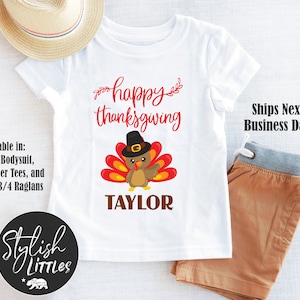 Happy Thanksgiving Turkey Holiday Baby Onesies®, Personalized Name Turkey Kids Shirt, Baby Boy Girl Clothes, Turkey Day baby Onesie®