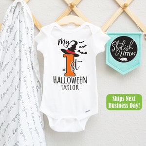 1st Halloween Personalized Witch Hat Baby Onesie® Bodysuit - Custom Name First Halloween Onesie® - Ghost Pumpkin Bats Newborn Baby Onesie®