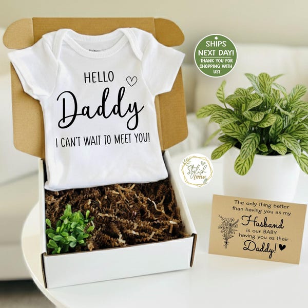 Hello Daddy Pregnancy Announcement Baby Reveal Onesie® GIFT BOX for Husband Gift for the New Soon to be Dad Father Papa Papi