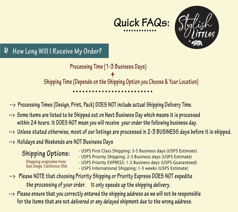 Op de afbeelding: Een tekstgrafiek met de titel "Quick FAQs" en een gestileerde illustratie van een beer. De grafiek geeft informatie over de verwerkingstijd en de verzendtijden voor bestellingen. Het bevat details over de verwerkingstijd, de verzendopties en een opmerking over het afleveradres.